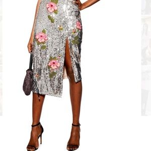 NWT TOPSHOP SILVER AND PINK SEQUIN EMBELLISHED MIDI SKIRT WITH SLIT SIZE 8